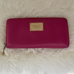 Michael Kors Hot Pink Zip-Around Leather Wallet with Gold Plate